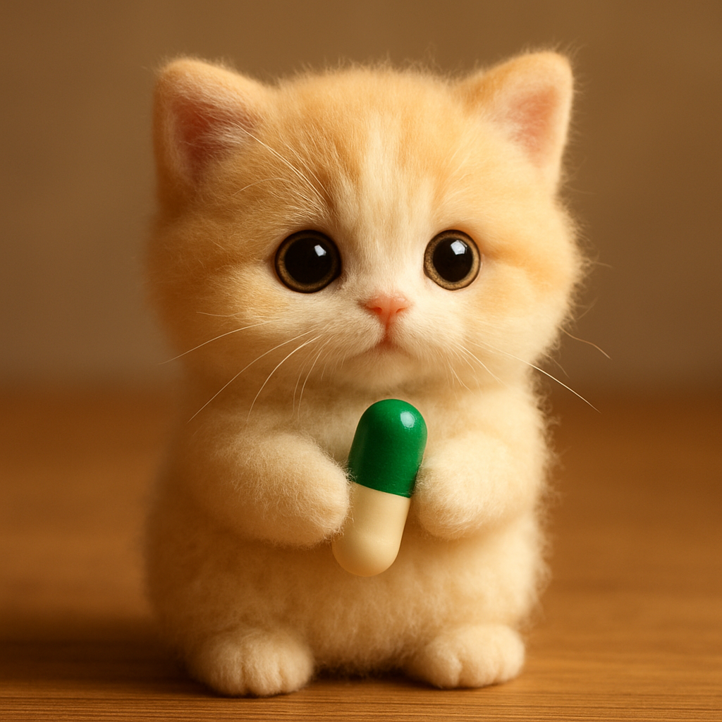 Miu the plush cat holding a pill